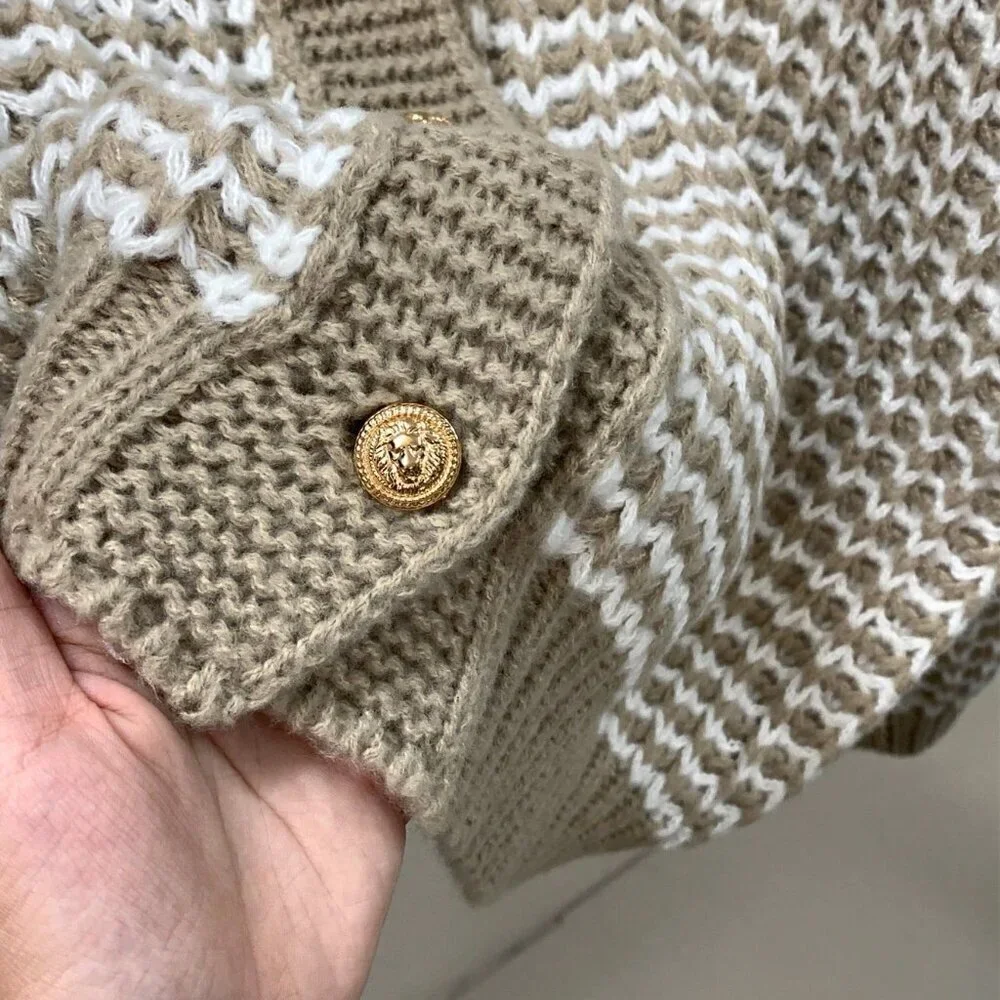 Khaki Casual Women's Plaid Print Button Front V-Neck Long Sleeve Cardigan
